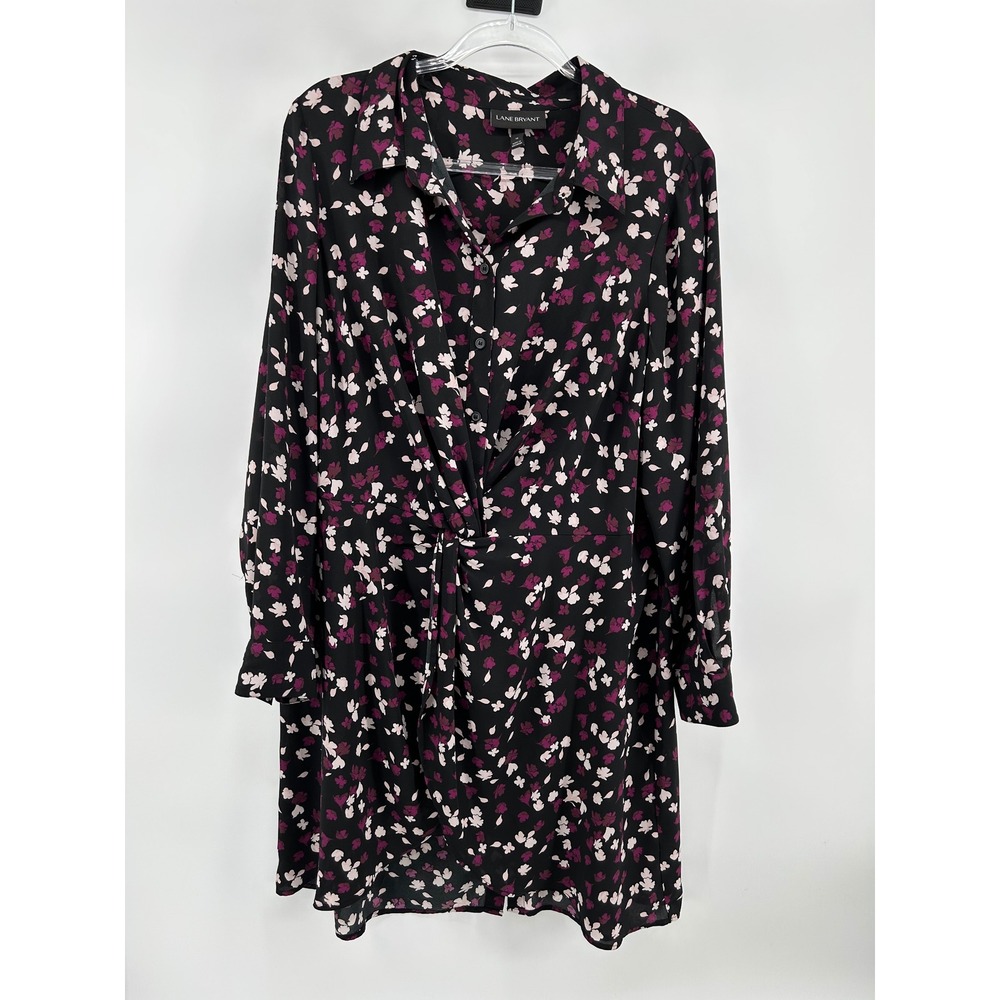 Lane Bryant Womens Black Floral Twist Front Button Down Shirt Dress Plus Size‎